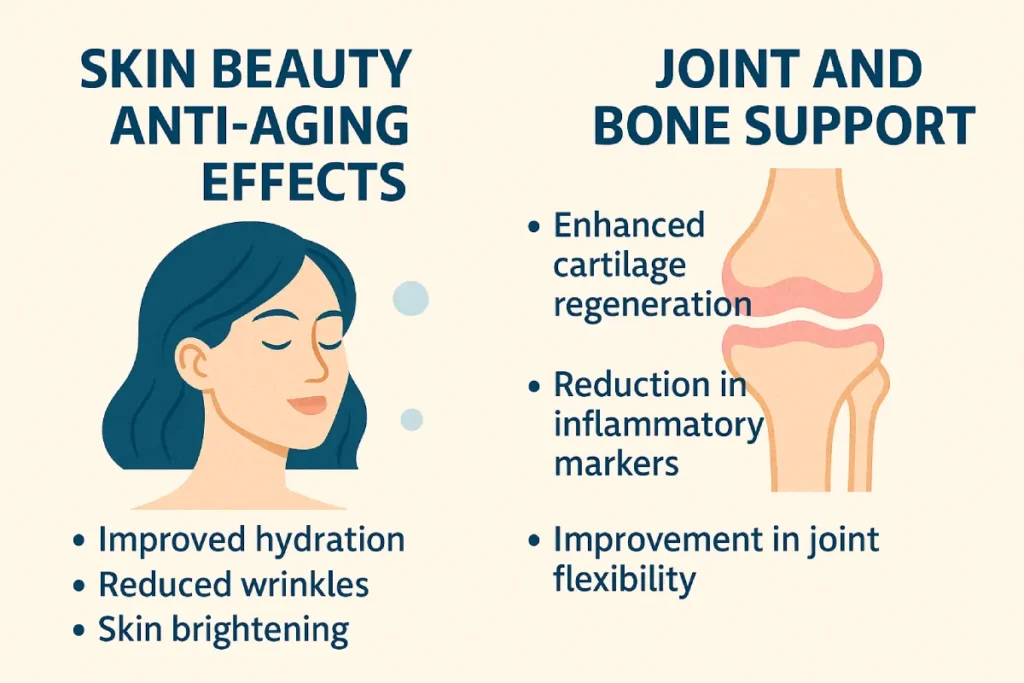 An infographic showing the benefits of fish collagen tripeptide: skin hydration, wrinkle reduction, skin brightening, cartilage regeneration, and joint flexibility.