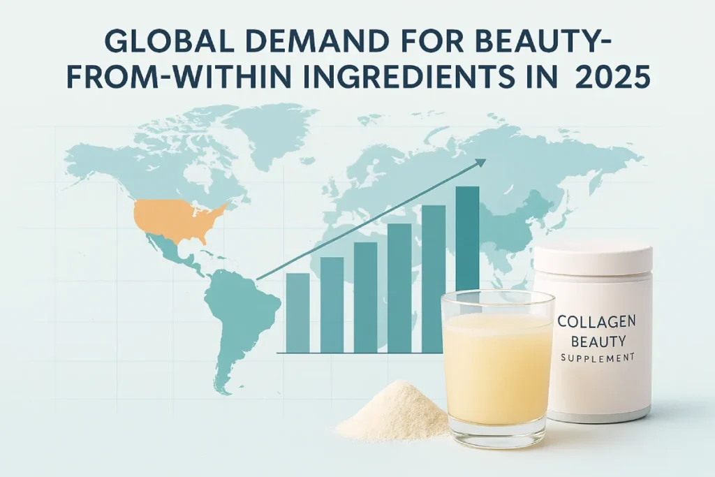 Global beauty supplements market growth map highlighting Asia and Western regions, with collagen drink and powder products in the foreground.
