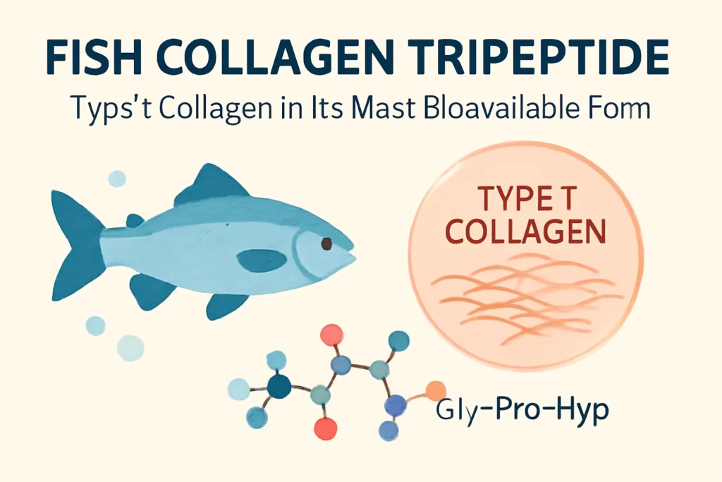 "A digital illustration of fish collagen tripeptide with a fish, molecular structure, and Type I collagen text
