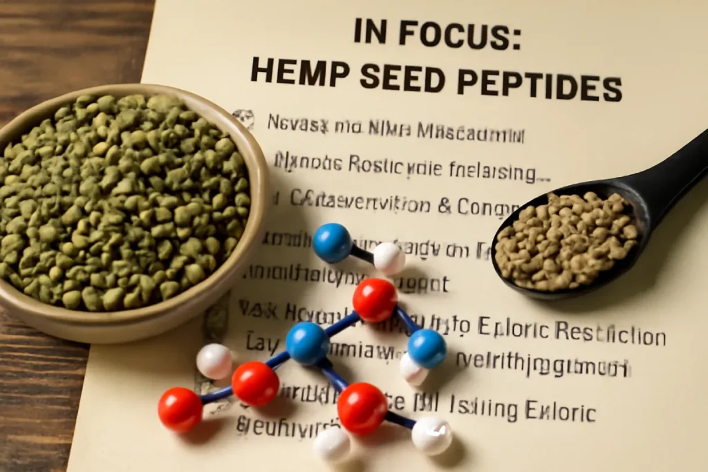 A close-up of hemp seeds in a bowl and a molecular model of hemp seed peptides displayed on a paper with the title 'HEMP SEED PEPTIDES'. Soft, diffused lighting enhances the focus on these elements.