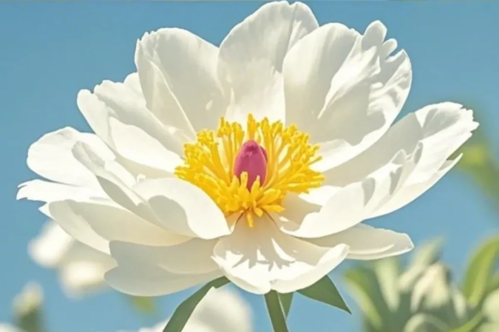 Danfeng peony blossom blended with molecular graphic, illustrating PEPDOO® Peony Flower Peptide brightening science