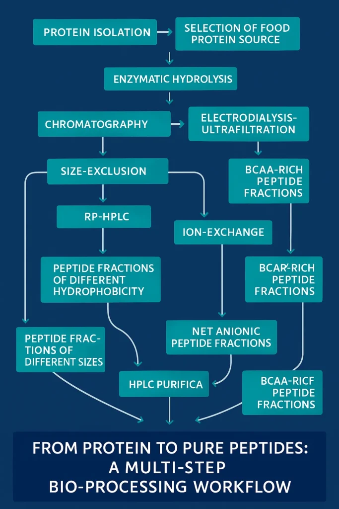 PEPDOO® functional peptide production flowchart: from protein hydrolysis to pure peptide purification using enzymatic hydrolysis, chromatography, ion exchange, and HPLC techniques.