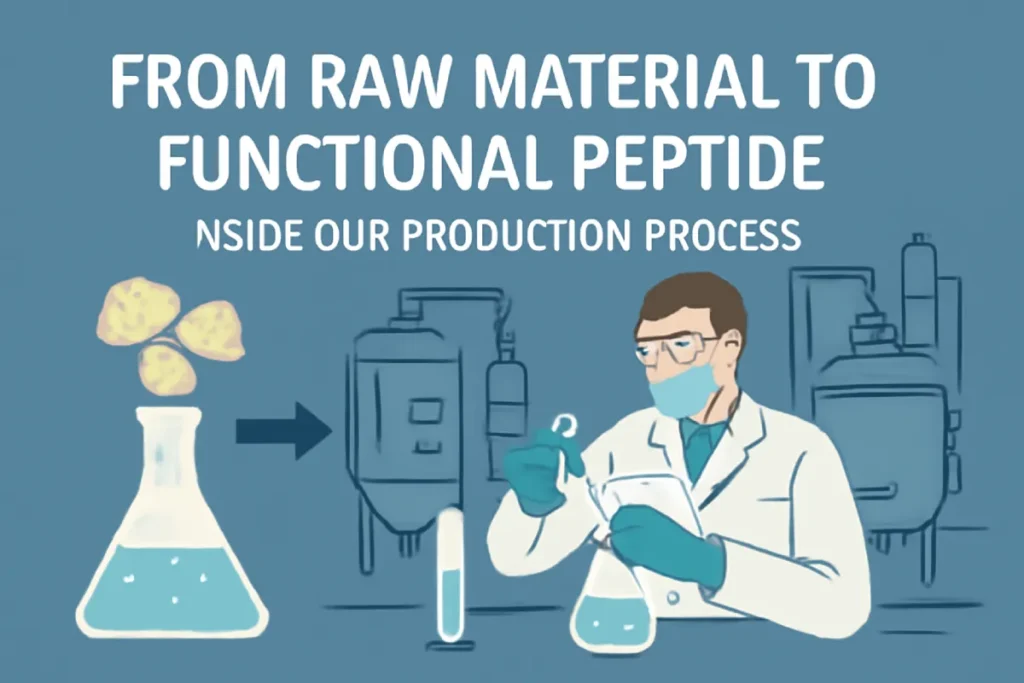 An illustration depicting the process of transforming raw materials into functional peptides, featuring a scientist working in a lab environment with chemical solutions and equipment.