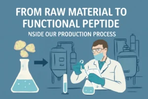 An illustration depicting the process of transforming raw materials into functional peptides, featuring a scientist working in a lab environment with chemical solutions and equipment.