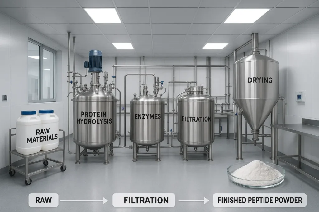 Step-by-step peptide production process from raw materials to bioactive peptides in a clean industrial facility”