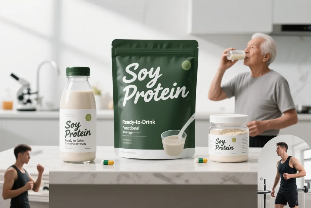 Photorealistic image showcasing soy peptide applications in functional drinks, capsules, protein powders, elderly nutrition, and sports supplements.