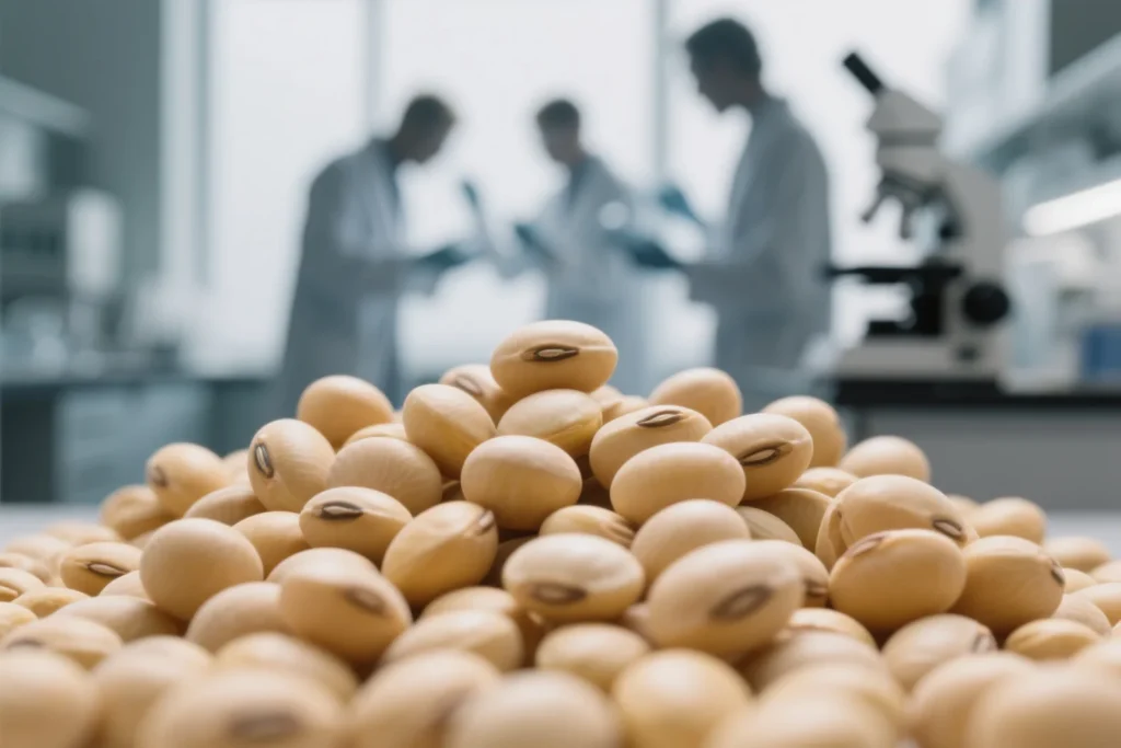 Realistic soybeans with scientists in laboratory background – illustrating the scientific origins and applications of soy peptide