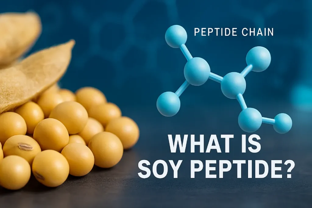 Realistic image of soybeans with scientific lab background illustrating the concept of soy peptides