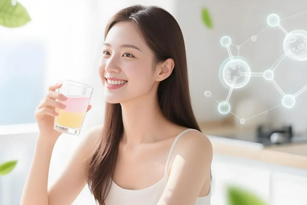 Healthy woman drinking collagen peptide drink for radiant skin