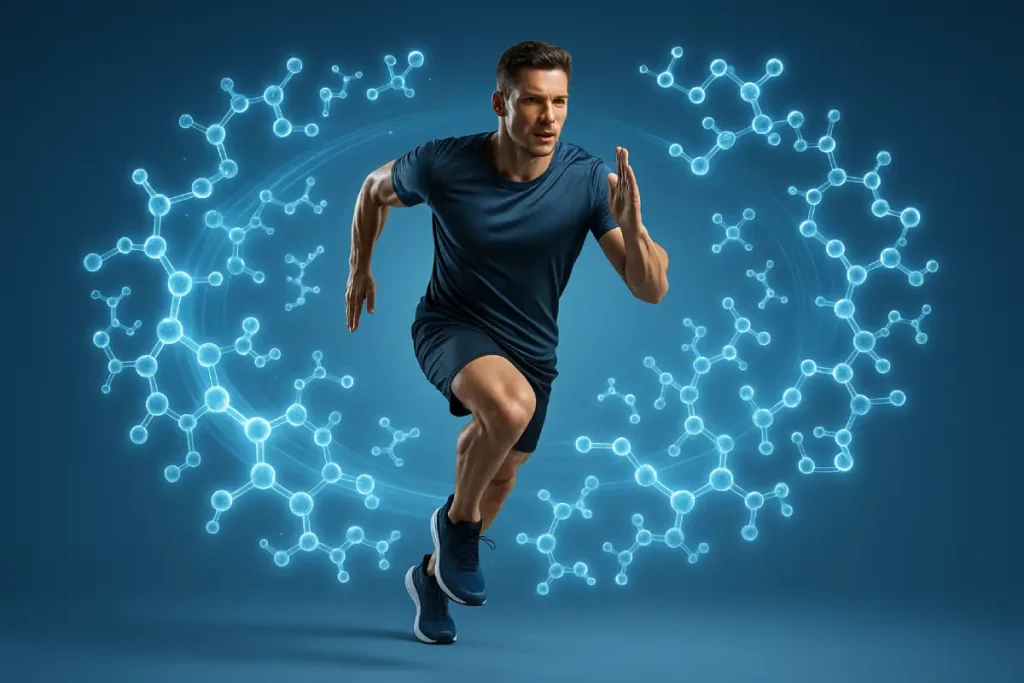 Athletic man sprinting forward with molecular peptide chains surrounding him, representing bioactive peptide-based sports nutrition