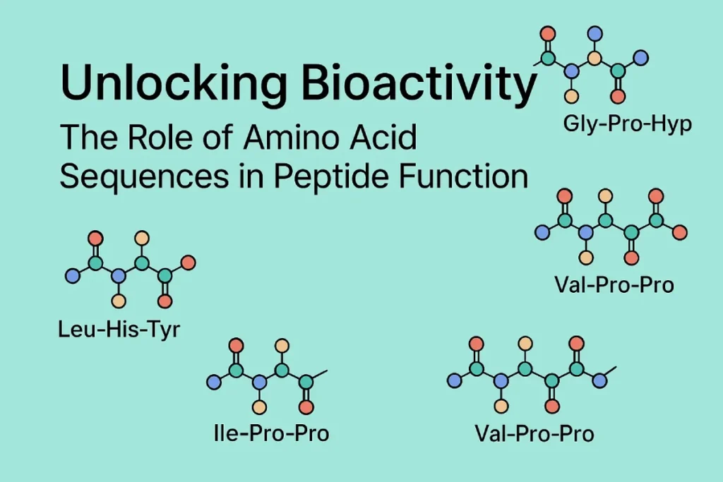Visual representation of amino acid sequences and bioactive peptides like collagen tripeptide, casein peptide, and soy oligopeptide in functional nutrition