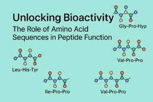 Visual representation of amino acid sequences and bioactive peptides like collagen tripeptide, casein peptide, and soy oligopeptide in functional nutrition