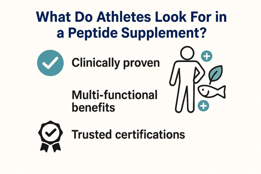 Infographic showing what athletes look for in peptide supplements, including clinical effectiveness, multifunctional benefits, clean sources, and certification icons