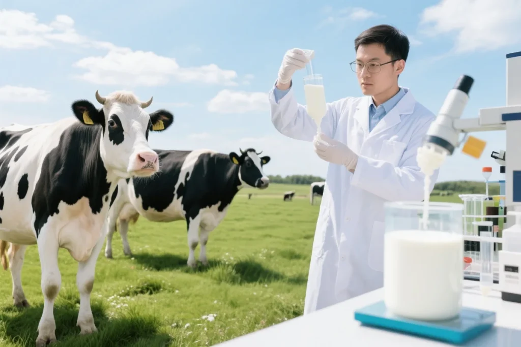 High-quality dairy cows grazing on a sunny pasture with a scientist analyzing milk protein in a clean laboratory, representing the natural origin and scientific production of casein peptides.