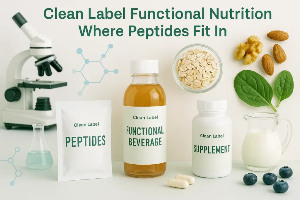 Clean label functional nutrition products including peptides, functional beverages, and supplements, shown with natural ingredients and scientific elements in the background.
