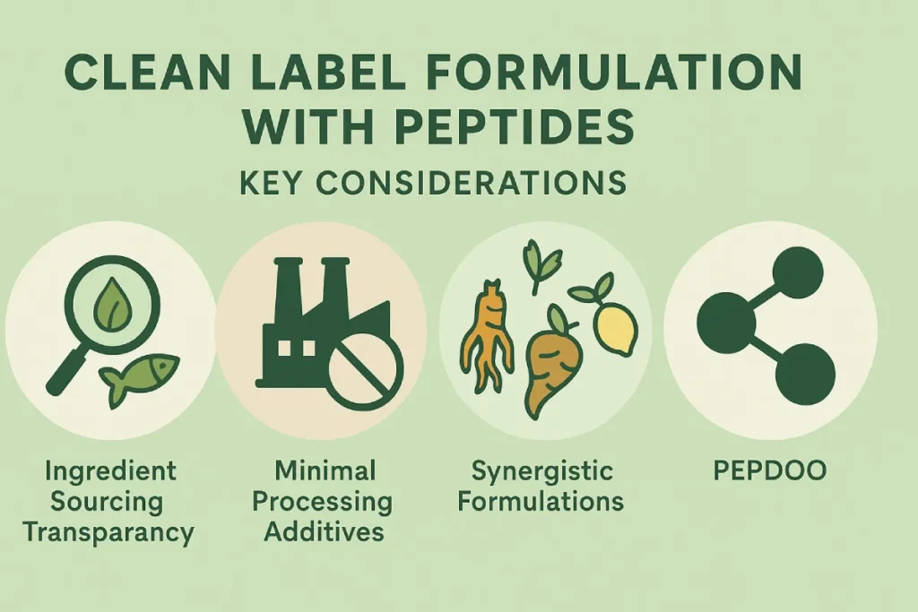 Infographic showing key considerations for clean label peptide formulations, including ingredient transparency, minimal additives, and synergistic natural components.
