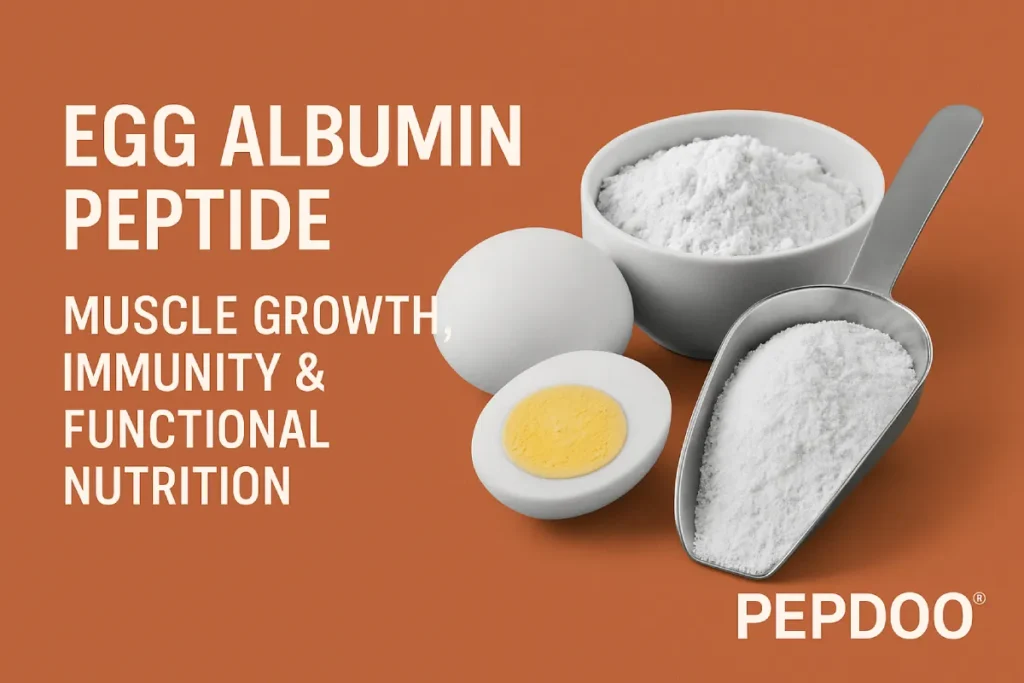 Illustration of egg albumin peptide benefits for muscle growth and immune health, with egg white source, peptide chains, and wellness symbols