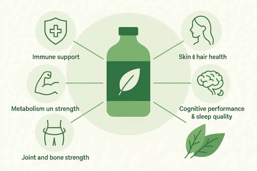 Illustration of a natural supplement bottle surrounded by icons representing health benefits of functional nutrition, including immune support, skin health, joint strength, metabolism, and cognitive performance.