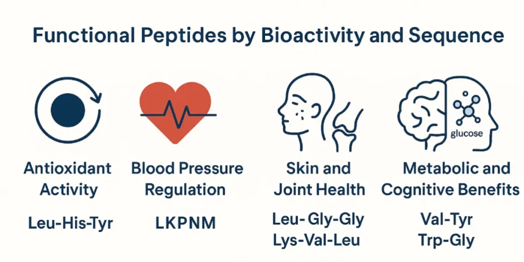 Infographic showing five categories of functional peptides by bioactivity and amino acid sequence, including antioxidant, blood pressure regulation, skin and joint health, immune support, and metabolic benefits.