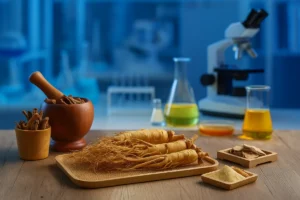 Panax ginseng roots, peptide powder, and biotech lab representing PEPDOO® Ginseng Peptide production
