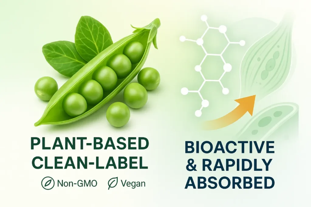 Pea peptides visual showing fresh plant source and fast absorption benefits, with clean-label and bioactivity highlights for functional nutrition applications