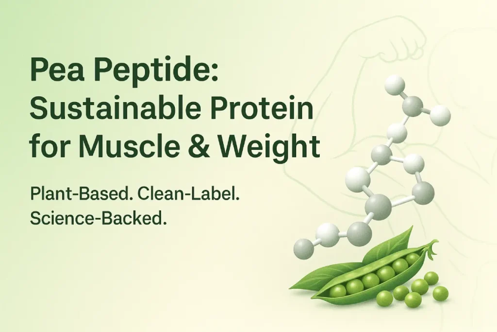 Visual of sustainable pea peptide molecular chains with green peas on a clean gradient background, representing muscle and weight management