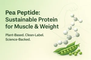 Visual of sustainable pea peptide molecular chains with green peas on a clean gradient background, representing muscle and weight management