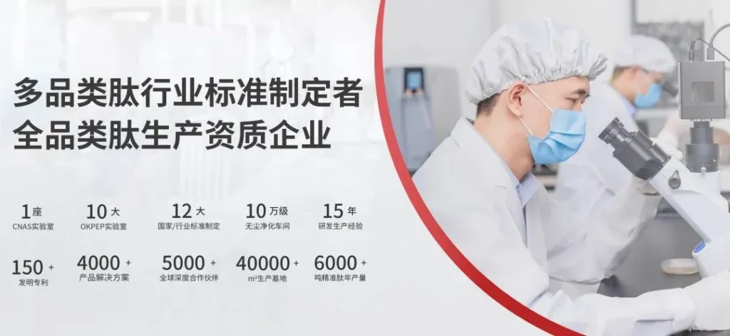 PEPDOO® company strength infographic highlighting CNAS lab, 150+ invention patents, smart factory, global exports, and peptide R&D capabilities