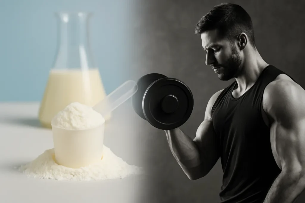 Whey protein powder and raw milk with a muscular athlete representing peptide nutrition source
