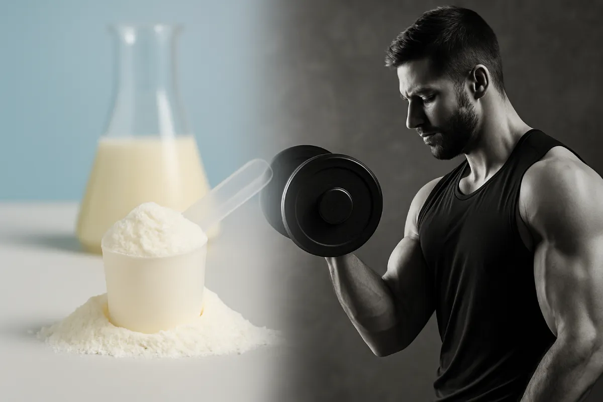Whey protein powder and raw milk with a muscular athlete representing peptide nutrition source