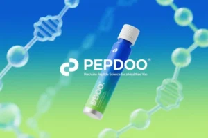 A professional, modern cover for "What Makes PEPDOO® Peptides Different?" featuring blue and green tones symbolizing health and technology. The design includes subtle molecular structures and peptide chains in the background, showcasing PEPDOO’s scientific innovation. The PEPDOO logo is prominently displayed with the slogan 'Precision Peptide Science for a Healthier You'.