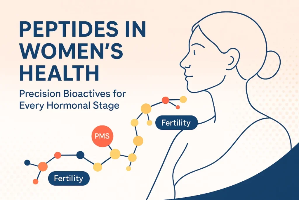 Illustrated cover showing peptide chain supporting women’s health from PMS to menopause