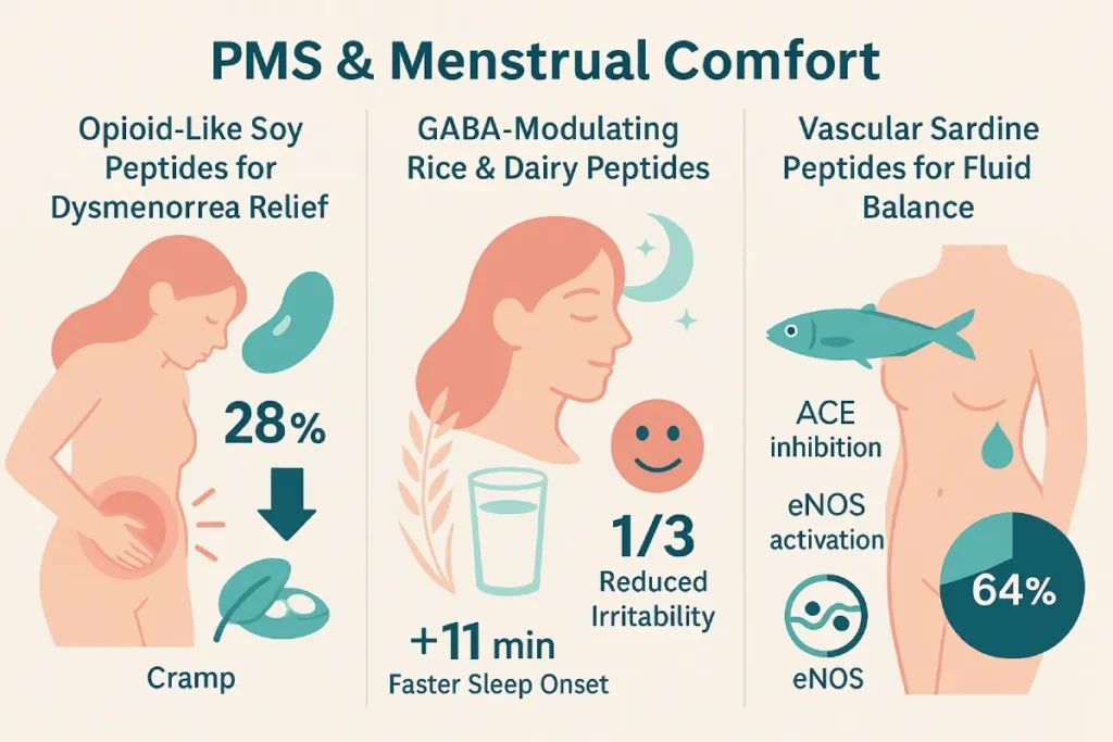 Infographic illustrating PMS and menstrual comfort benefits from soy, rice & dairy, and sardine peptides with visual icons showing pain relief, improved sleep and mood, and reduced edema.