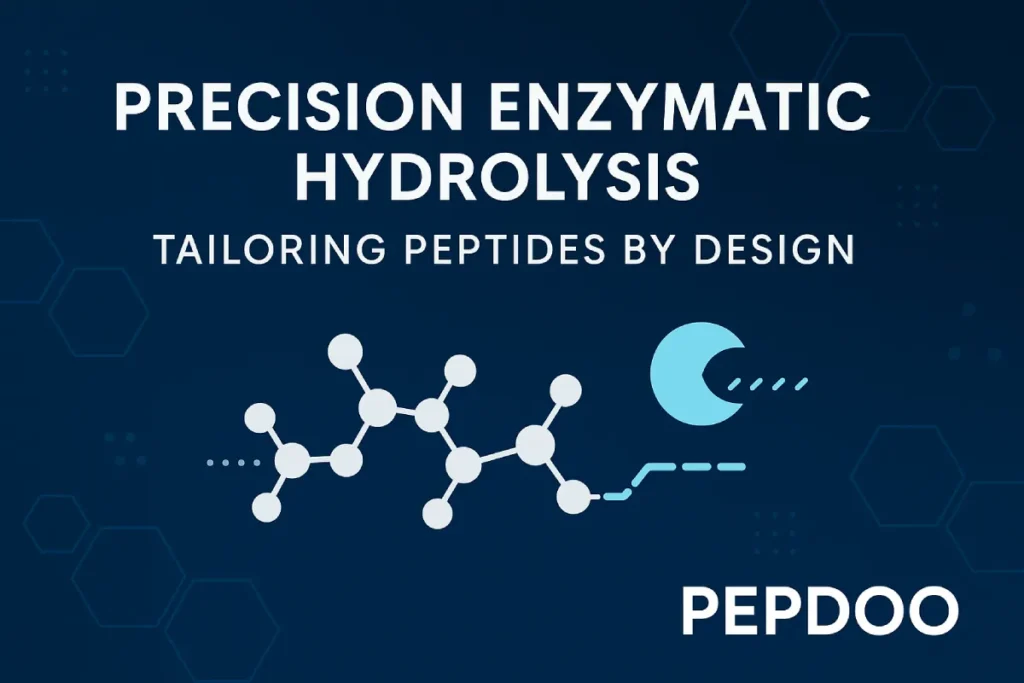 Cover image for "Precision Enzymatic Hydrolysis: Tailoring Peptides by Design" blog post by PEPDOO®, showing peptide structure and AI design elements.