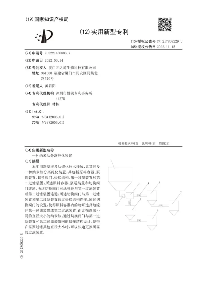 Patent certificate for nano peptide separation and purification device used in PEPDOO® Ginseng Peptide production process