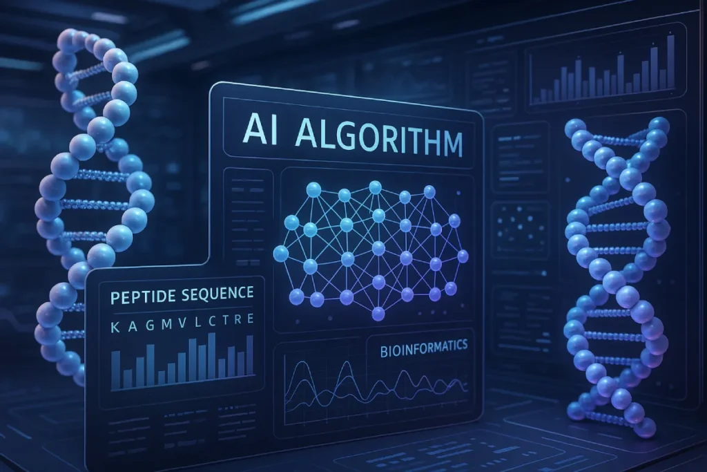 Artificial intelligence analyzing peptide sequences through bioinformatics algorithms and data visualization