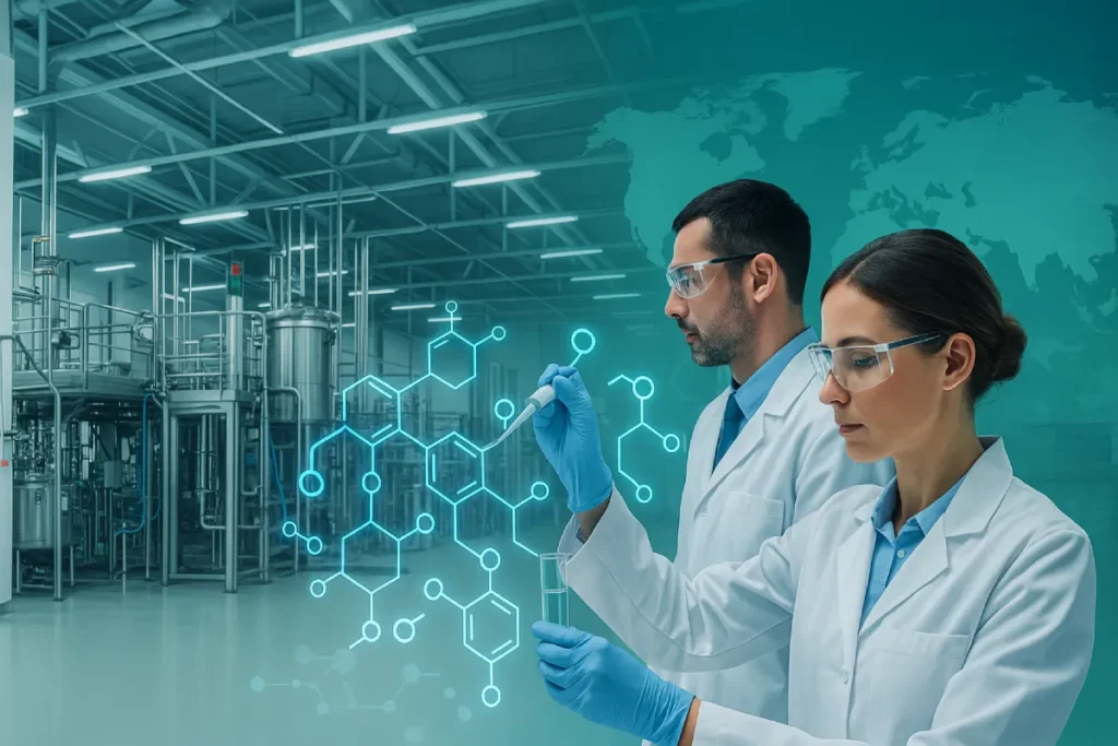 Modern GMP peptide manufacturing facility with scientists analyzing peptide molecular structure, representing trustworthy B2B peptide source manufacturer and functional peptide innovation