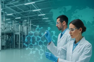 Modern GMP peptide manufacturing facility with scientists analyzing peptide molecular structure, representing trustworthy B2B peptide source manufacturer and functional peptide innovation