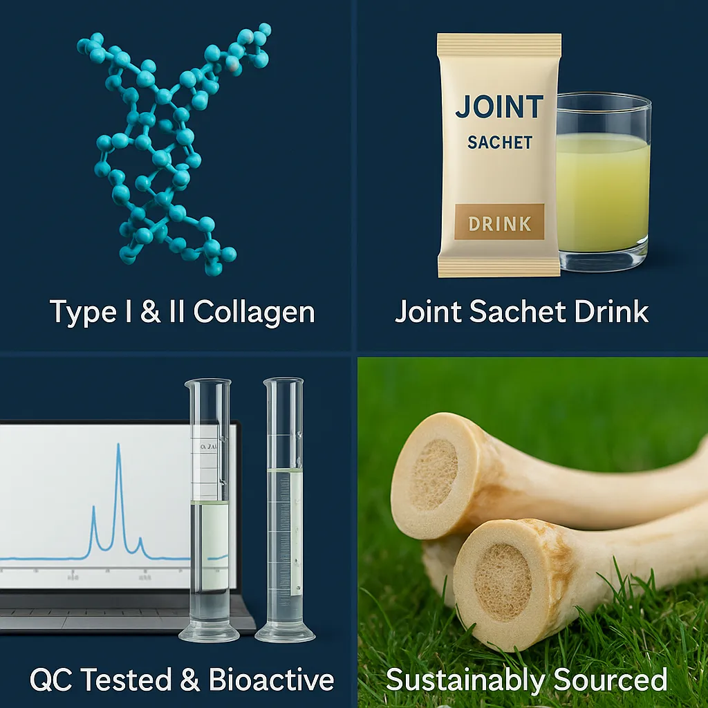 Informational graphic showing four key benefits of bovine bone collagen peptides: Type I & II Collagen structure, Joint Sachet Drink format, laboratory testing for bioactivity, and sustainably sourced bovine bones.