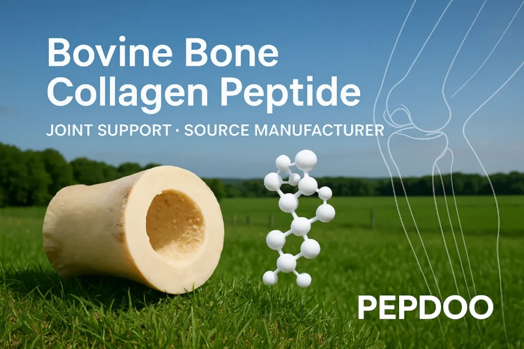 Bovine Bone Collagen Peptide molecular structure overlayed on bovine bone image with green pasture background, highlighting joint support and source manufacturer branding