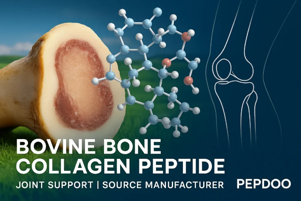 Bovine bone collagen peptide molecular structure superimposed on bovine bone image with vibrant green pasture backdrop, highlighting joint health support and origin from a trusted manufacturer.