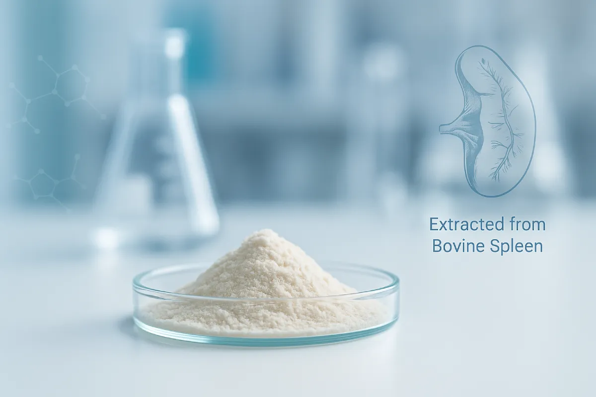 Bovine spleen peptide powder in a Petri dish with anatomical spleen illustration, showcasing raw material origin in a clean laboratory setting