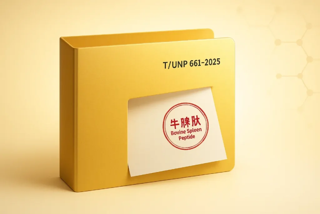 Golden file folder labeled T/UNP 661–2025 revealing official document stamped “Bovine Spleen Peptide” in red