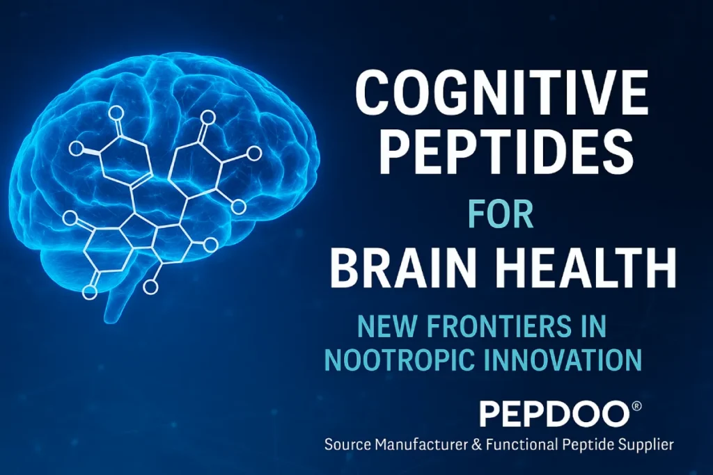 Brain health peptides and cognitive nootropics visualized with neural graphics and peptide structures, PEPDOO® source manufacturer branding.