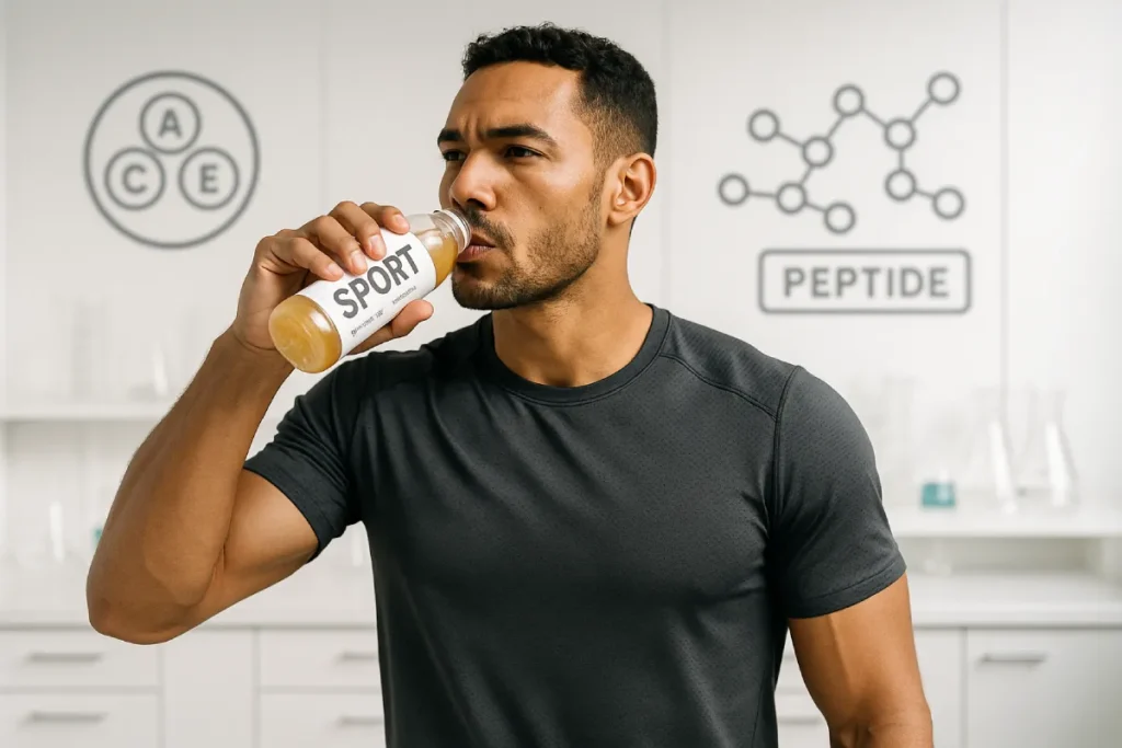 Clean-label sports nutrition with functional peptides – athlete drinking RTD beverage in a lab-verified setting