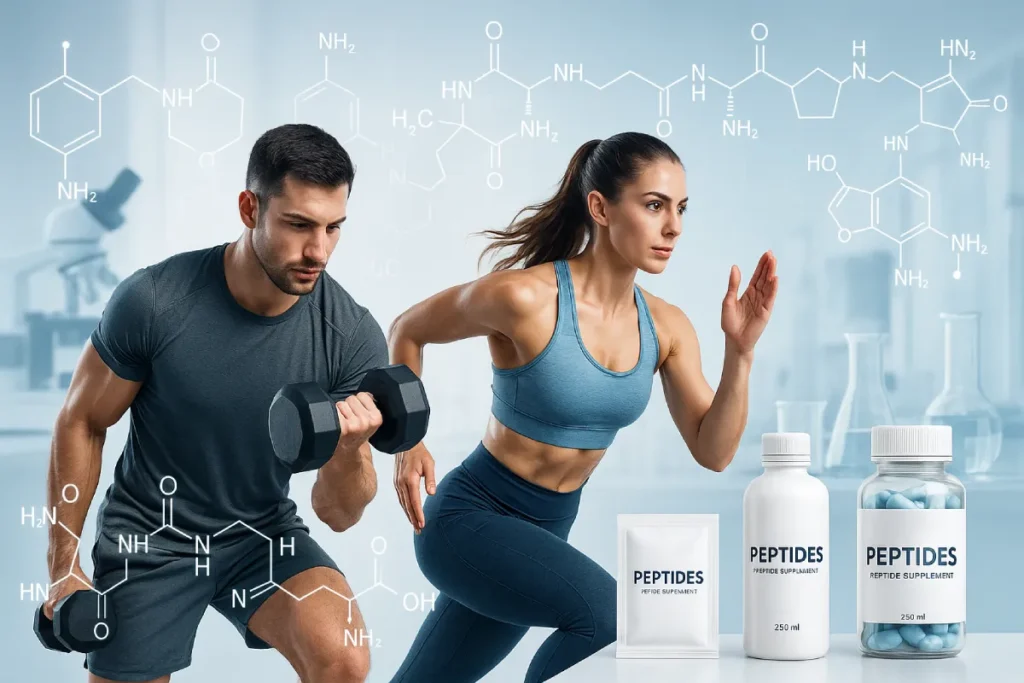 High-performance athletes using clean sports supplements with peptide-based ingredients in modern lab-to-field context