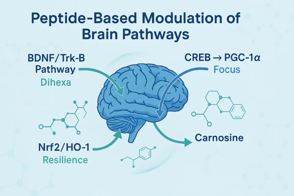 Scientific illustration of a human brain highlighting key neural pathways modulated by peptides. The diagram features the BDNF/Trk-B pathway related to learning and memory, the CREB → PGC-1α pathway linked to mitochondrial function, and the Nrf2/HO-1 pathway associated with antioxidant defense and neuroprotection. Arrows connect these pathways to activating peptides such as Dihexa, Carnosine, and MOTS-c. Keywords like "Memory," "Focus," and "Resilience" are annotated near each mechanism. The color scheme uses blues and greens with dotted electric lines to emphasize a modern, technological feel.