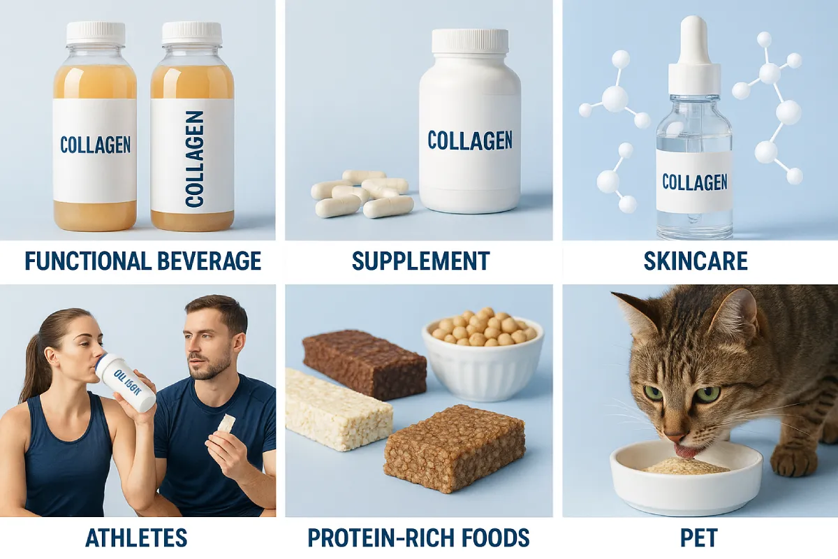 Six collagen peptide use case modules: beverages, supplements, cosmetics, sports nutrition, foods, pets