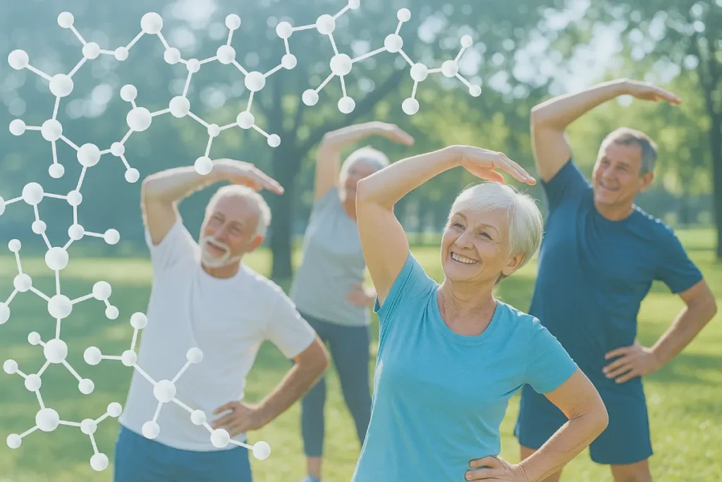 Molecular structure of collagen peptides with active seniors exercising outdoors, representing health and longevity