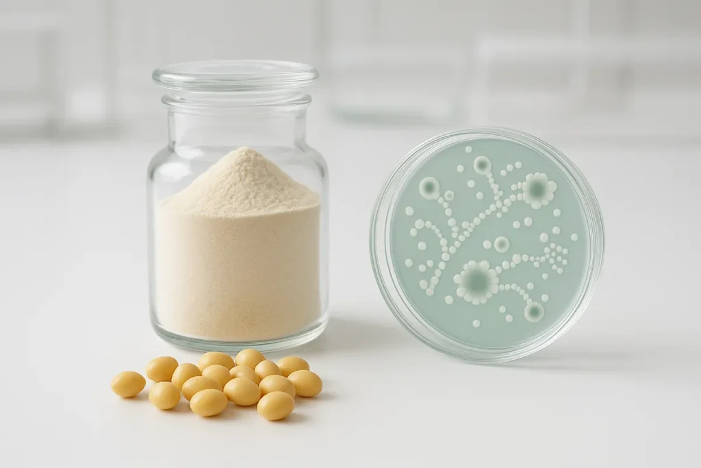Fermented soy peptide powder in glass vial with soybeans and probiotic culture in background, showcasing plant-based peptide manufacturing